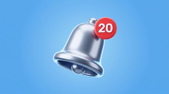 Silver notification bell with red number 20 badge, 3D metallic alert icon on blue background, social media reminder symbol for mobile app interface