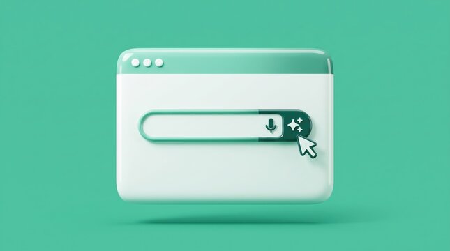 Minimalist 3D browser window with AI search bar, modern web interface with artificial intelligence sparkles icon, sleek digital search engine concept