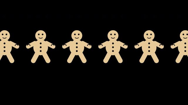Cute gingerbread man cookies marching in a festive parade, gold Christmas transparent overlay, seamless loop animation