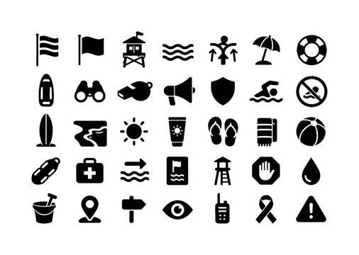 Beach Flag Color Guide. Solid glyph icon set of beach flag color guide: beach flag guide, warning flag, lifeguard station, ocean waves, rip current symbol shape, beach umbrella, life ring, rescue