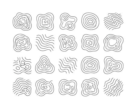 Topographic Contour Lines, line icon set with 20 clean outline contour map elements for abstract topographic lines, wavy organic curves, flow pattern swatches, smooth terrain marks, rhythmic motion,