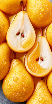 Macro Flat Lay of Golden Pears in Honey Syrup with Juicy Halves Filling the Frame