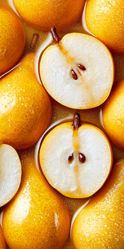 Macro Flat Lay of Golden Pears in Honey Syrup with Juicy Halves Filling the Frame