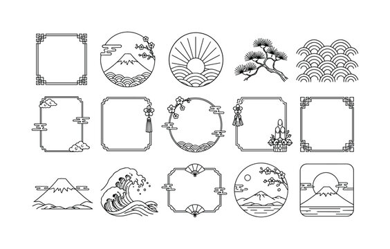 Japanese Fuji Frame, line icon set of 15 clean outline icons: decorative Asian border, Mount Fuji frame, rising sun, pine branch, repeating wave pattern, Japanese blank template, oriental card frame,