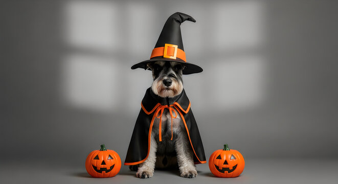 Adorable schipperke dog wearing a witch costume with pumpkins for halloween