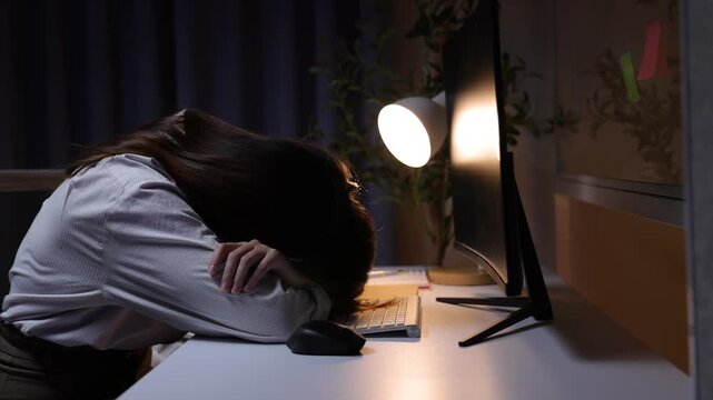Tired overworked businesswoman sleeping on her desk at night.