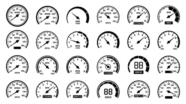 Automotive speedometer and performance gauge icon collection.