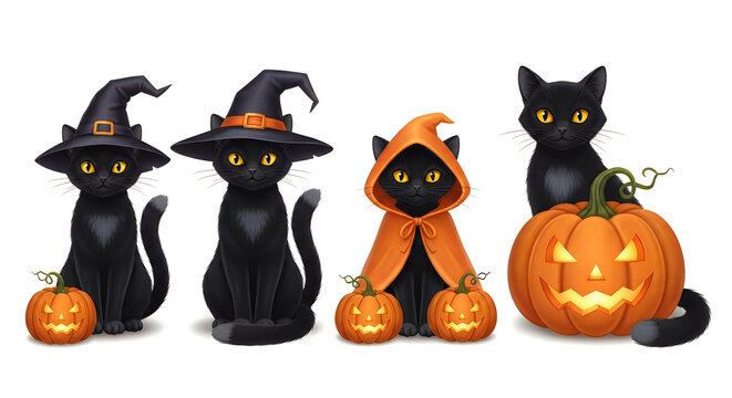 Four black cats in halloween costumes with pumpkins on a white background