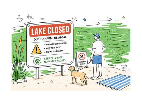 Lake Algae Warning. Lake algae warning sign banner with one park visitor reading a swimming closure sign and one dog kept on a leash nearby, one oversized lake warning sign and one large green water