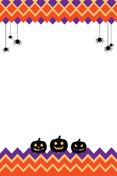 Halloween border with pumpkins and hanging spiders on chevron pattern