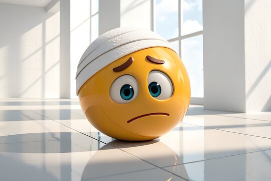 Sad yellow smiley emoji face with a white medical bandage expression interior