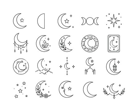 Mystic Moon Stars, line icon set, create 20 clean outline icons in a 5x4 layout showing crescent moon, half moon, moon with star, lunar symbol, night sky star, boho crescent, mystic moon, astrology