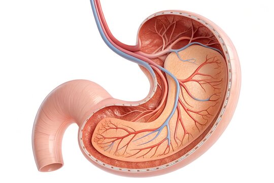 Anatomical cross section of a human stomach showing internal structure and veins