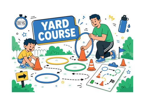 Backyard Obstacle Course. Backyard obstacle course setup banner with 1 main scene: parent and child arranging cones and jumping hoops on a lawn with oversized hoop and large course map crossing the