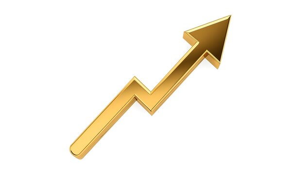 A shiny golden zigzag arrow pointing upwards isolated on white background. Financial growth concept.