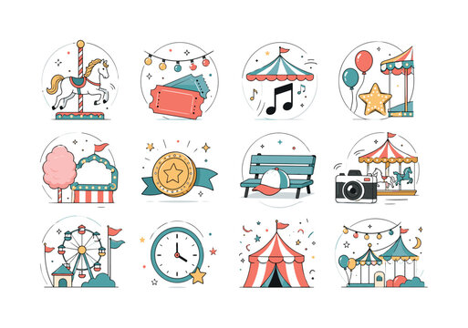 Merry Go Round. Carousel horse, fairground tickets, carnival lights, music, balloons, ride tokens, amusement rides and festive nostalgia. 12 minimalist editorial vector scenes: carousel horse rises