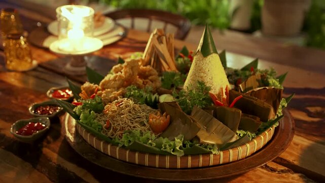 Traditional Indonesian Tumpeng Rice Platter with Assorted Side Dishes for Celebration