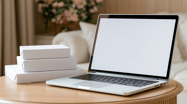Home office laptop with blank screen beside parcel boxes on wooden table, small business e commerce order packing