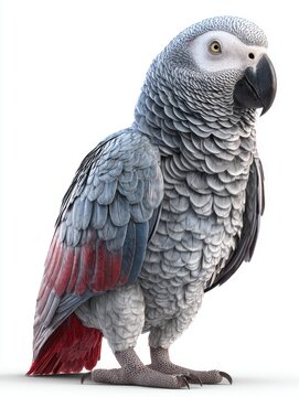 Full Body Portrait Of An African Grey Parrot With Detailed Feathers Standing On White Background
