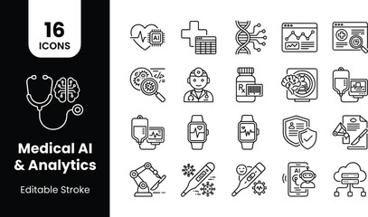 Fototapeta premium 16 Medical AI and Healthcare Analytics Line Icon Set with Diagnostics, Telemedicine, Patient Monitoring, Genomics, Wearables, and Smart Healthcare Symbols