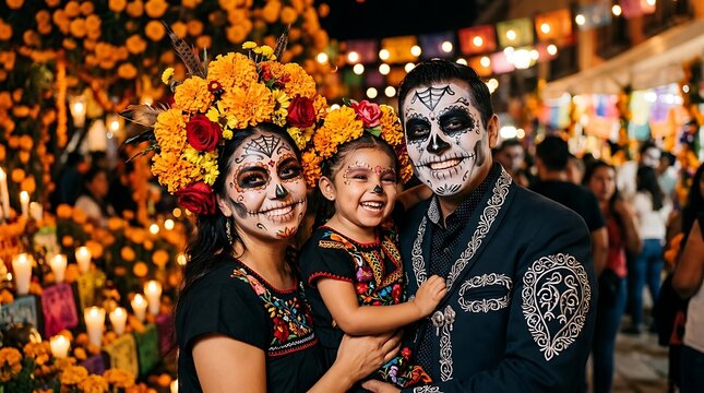 A happy family celebrating the day of the dead with traditional face paint and flower crowns outdoors