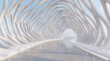 Obraz premium Ultra realistic futuristic parametric architectural tunnel made of flowing white curved ribs, endless perspective, soft daylight, minimal aesthetic, clean reflective floor, smooth organic geometry