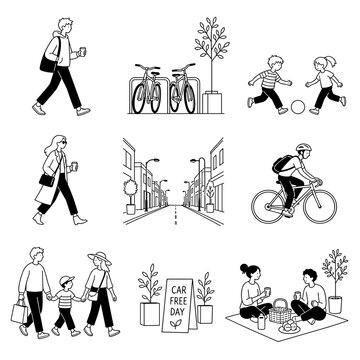 People enjoying a car-free day with walking, biking, and playing outdoors 9 pcs set 