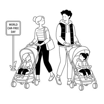 Families pushing strollers on empty street for World Car-Free Day  