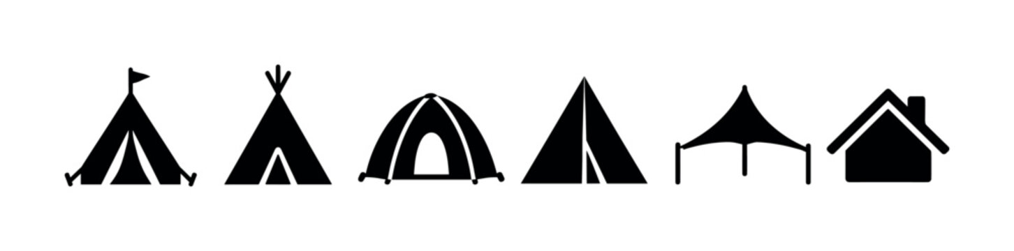 Tent Roof Structures, solid glyph icon set with 6 fully filled black glyph icons featuring camping tent, tipi, dome tent, pyramid roof, triangular canopy, house roof structure, arranged in a