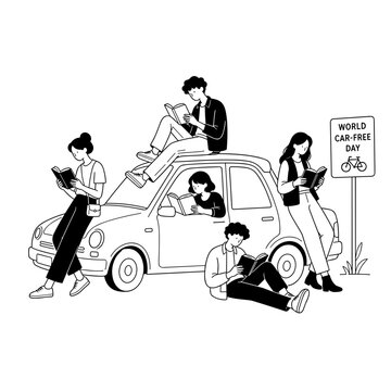 People reading books on a car-free bench near a parked vehicle  