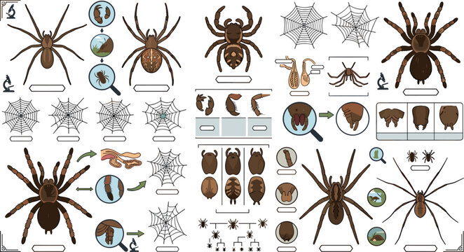 Arachnid biology infographic vector set with tarantulas wolf spiders web structures anatomy diagrams body patterns and scientific identification elements