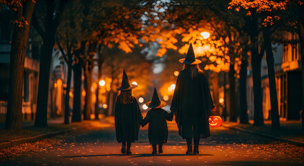 Obraz premium Two children and a mother trick or treating on a halloween street at dusk