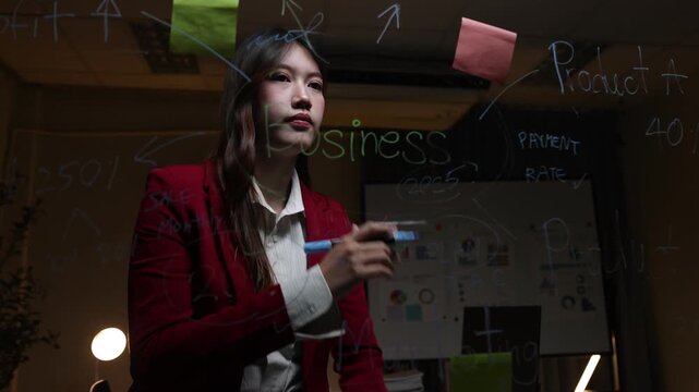 Asian businesswoman are planning their creative ideas on a transparent glass board. during a late-night planning.