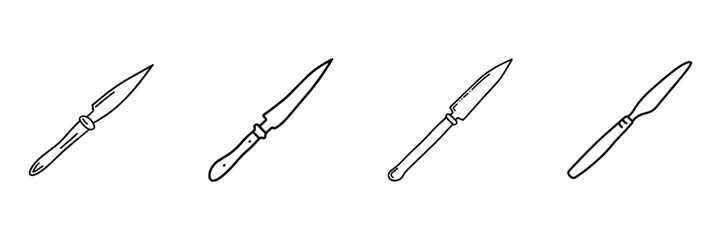 Obraz premium Kitchen Knife Hand Drawn Doodle Icon Set. Cutting, Slicing And Food Preparation Sketch Symbol Collection. Culinary Utensil And Cooking Tool. Isolated Vector Illustration