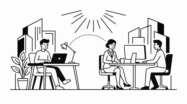 People working in modern office buildings under stylized sunrays