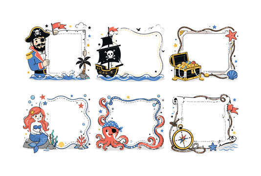 Pirate Photo Frames, clean editorial illustration set of 6 separate small editorial illustrations: pirate captain photo frame, black sail ship border, treasure chest frame, cute mermaid frame, octopus