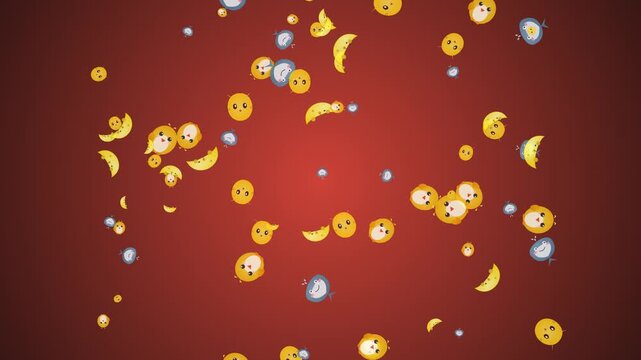 Animated 2D vector style background with falling moon and star icons