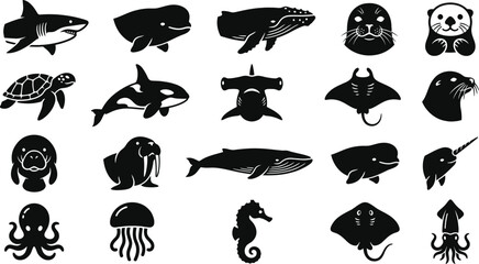 Ocean Sea Creatures Vector Icons Collection in Silhouette Style © creativesabbir