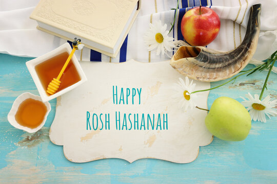 Rosh hashanah (jewish New Year holiday) concept. Traditional symbols