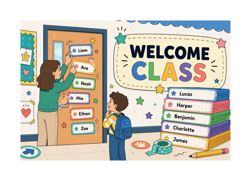 Classroom Door Tags. Classroom door name tags banner with one teacher placing student name tags on a classroom door and one child looking at the welcoming display, one oversized door display and one