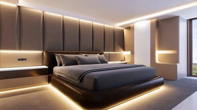 3D architectural visualization of minimalist bedroom transforming into fully furnished interior. Dynamic CGI showing wall paneling, textiles, and cozy decor filling the empty room