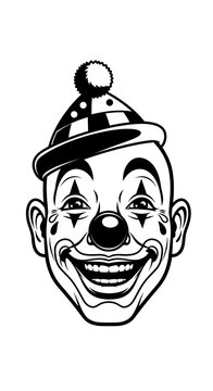 Vintage Clown Face with Grinning Mouth and Polka Dot Hat Isolated