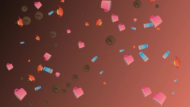 Animated coffee beans and cups floating against a brown gradient background