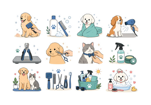 Pet Grooming Care. Pet grooming, brushes, combs, shampoo, towels, dryers, nail clippers, grooming tables, sprays and summer hygiene. 12 minimalist editorial vector scenes: brush removes loose fur,