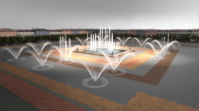 3D architectural animation of urban landscape reconstruction with buildings rising and a central fountain emerging. Modern CGI visualization of smart city development.
