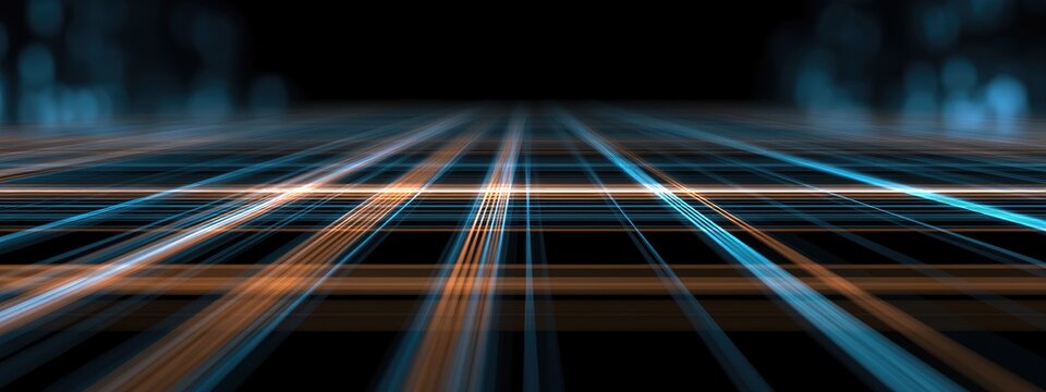 Perspective grid of glowing orange and blue lines receding into dark background