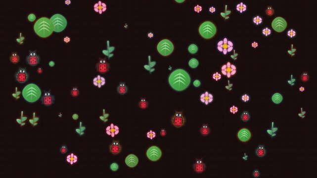 Animated ladybugs floating with spring flowers and leaves on black background