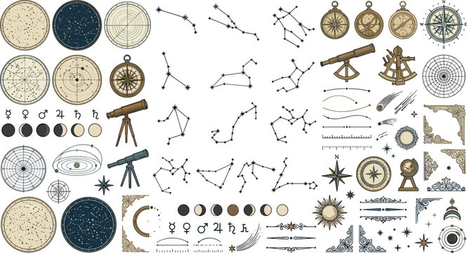 Vintage astronomy vector element set featuring zodiac constellations star maps telescopes compass moon phases and nautical navigation charts
