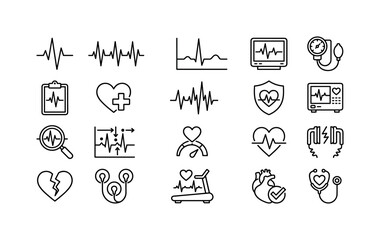 Fototapeta premium Collection of medical icons representing heart health and cardiology diagnostics