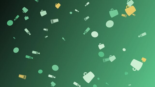 Animated pattern of falling coffee mugs and glasses on green background